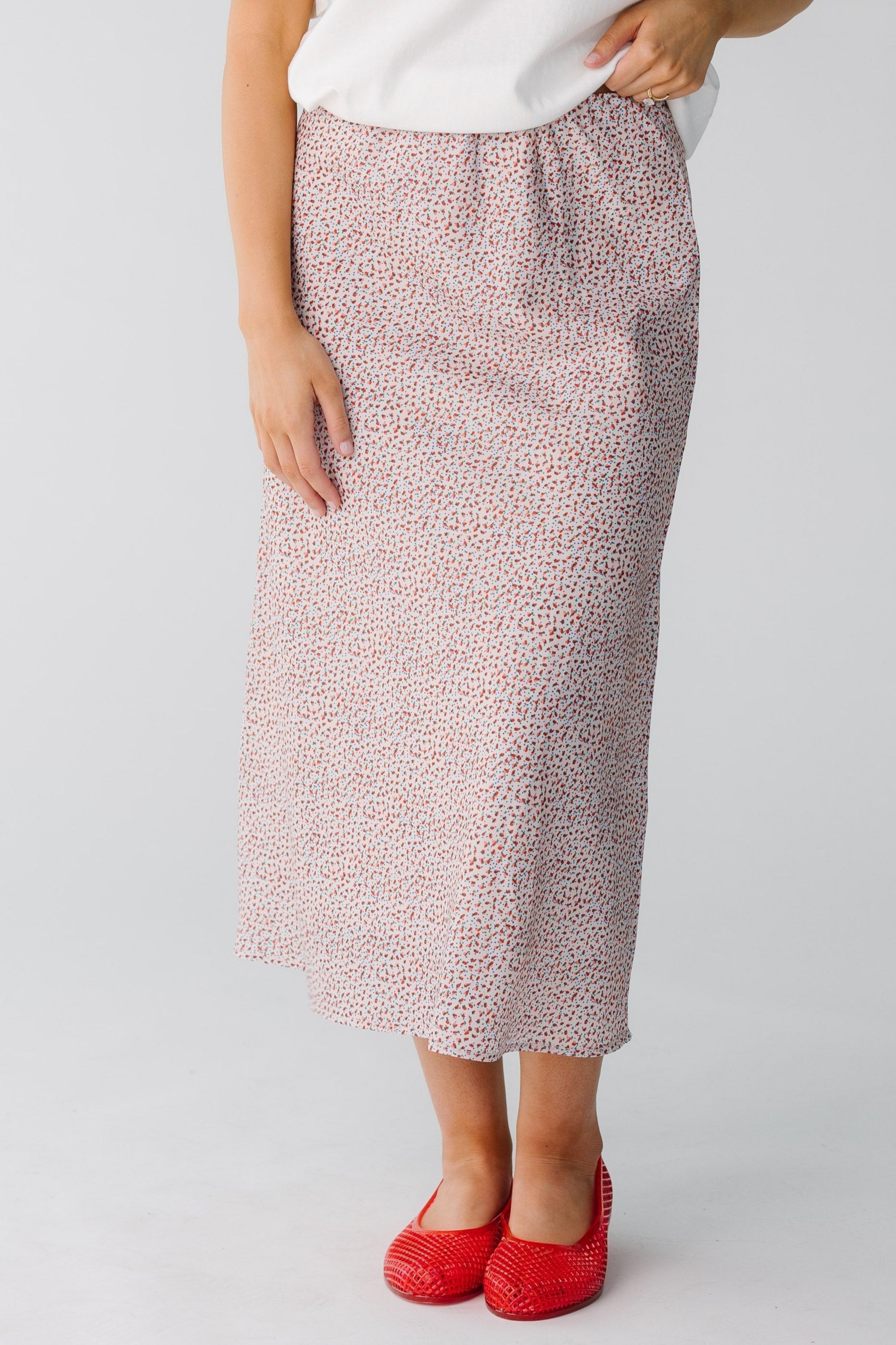 Modest red floral midi skirt