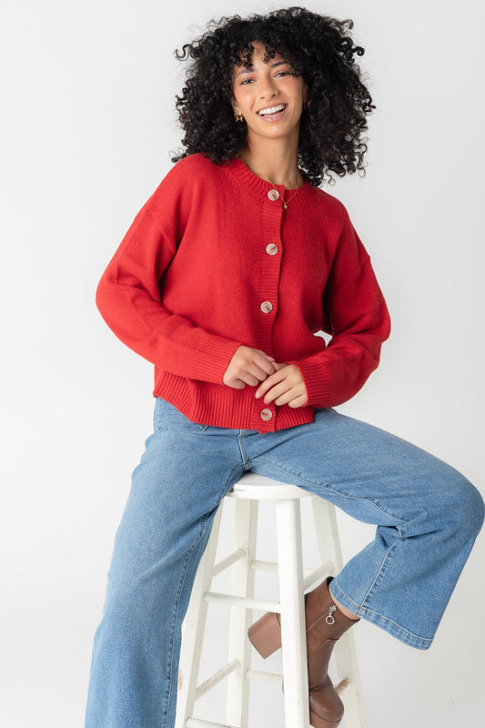 Red button down cardigan with long sleeves