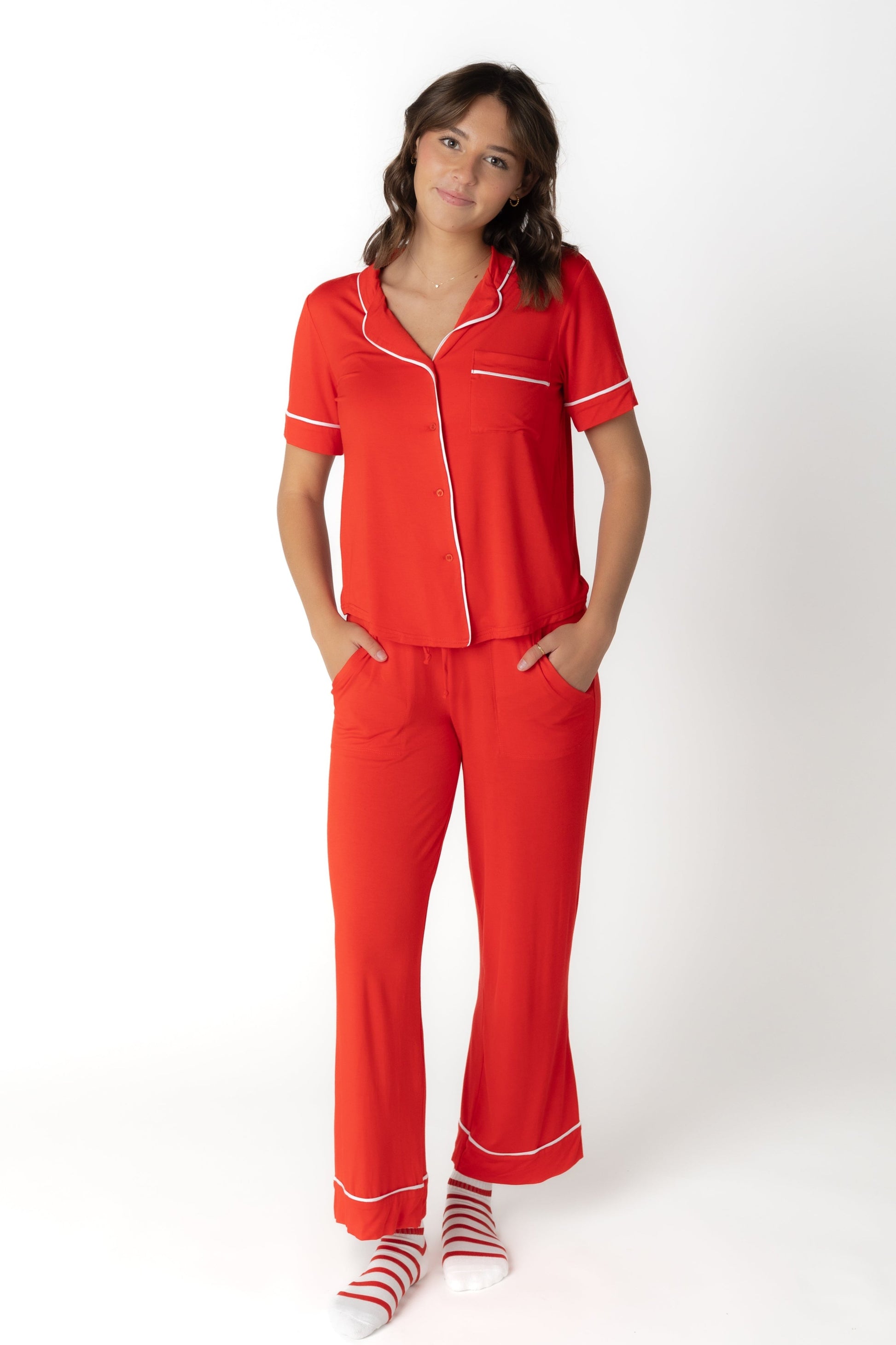 Red two piece pajama with short sleeves and pockets