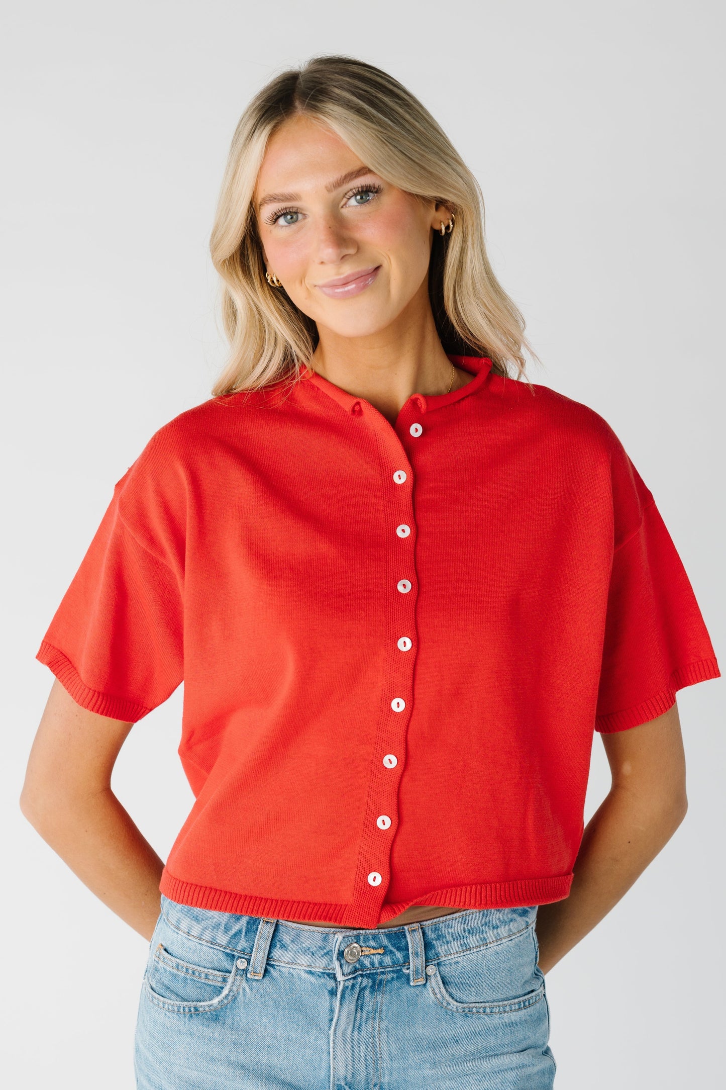 Button Down Knit Top for women in red