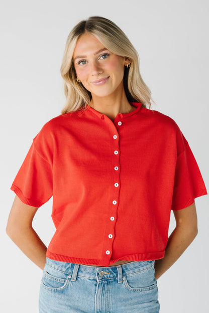 Button Down Knit Top for women in red