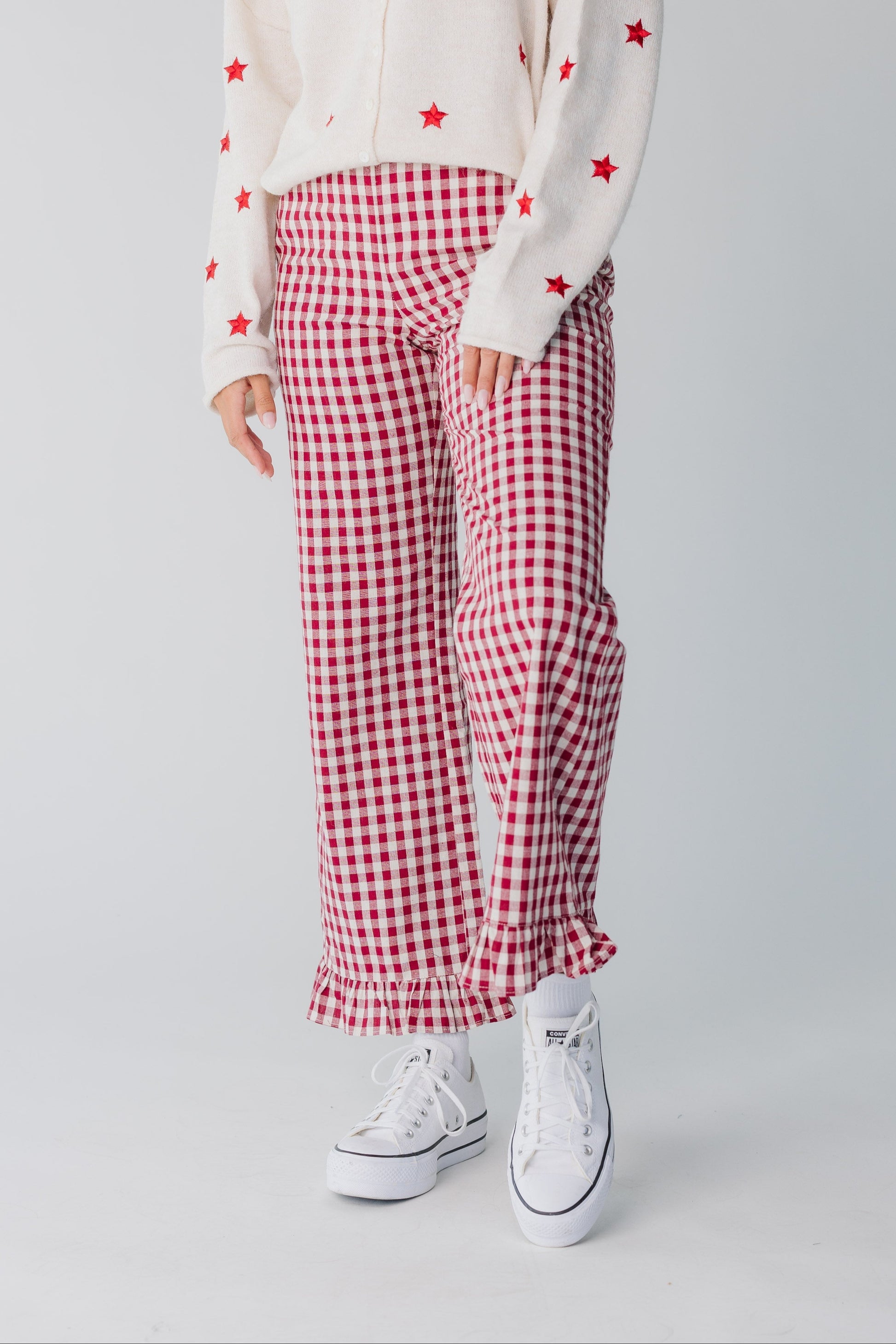Red gingham pant with Bottom ruffle