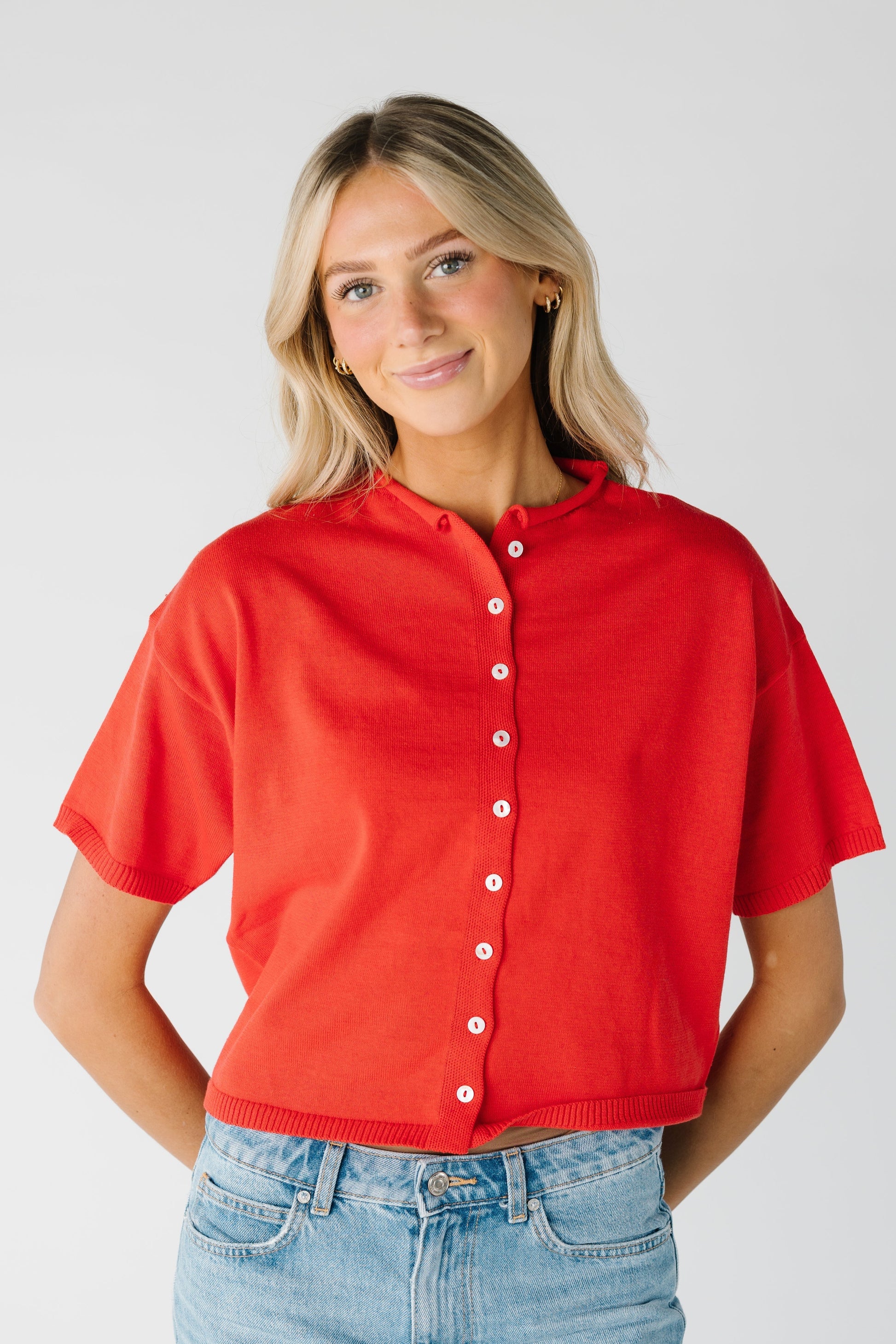  Button Down Knit Top in red