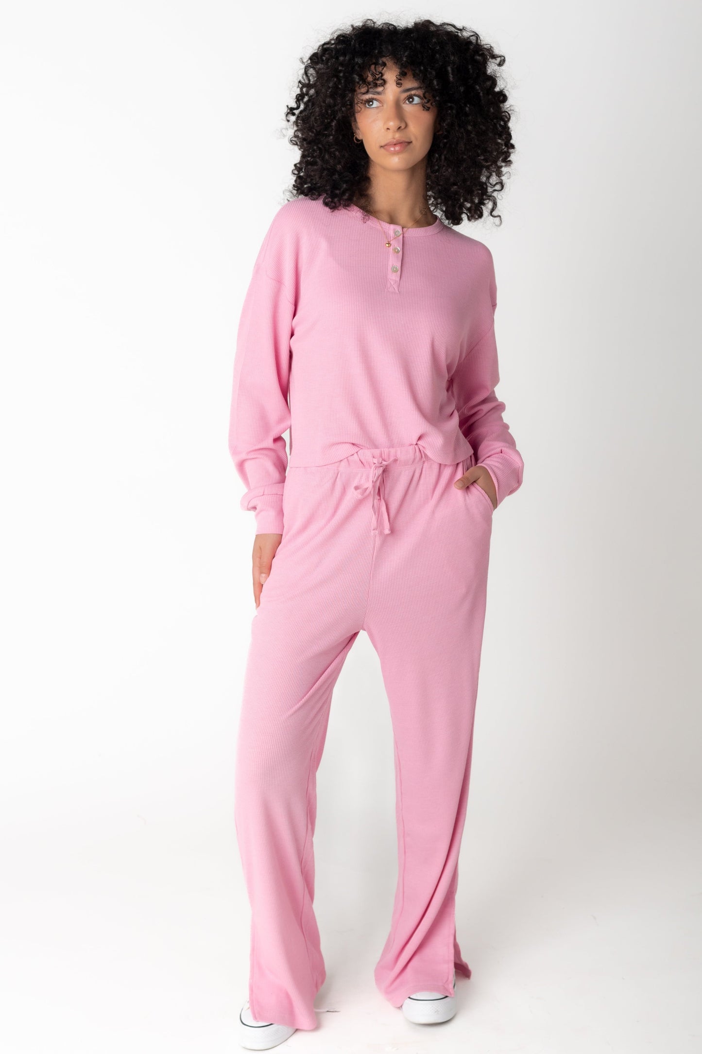 Pink waffle 2 piece set with long sleeves and full length pant