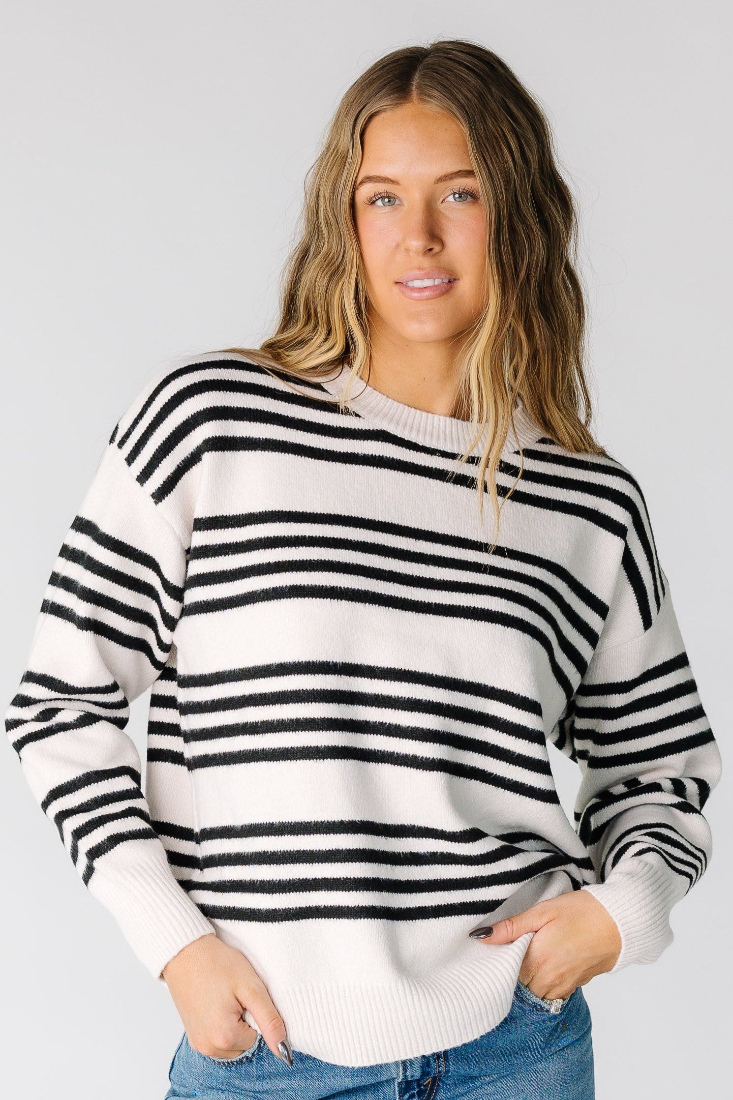 Round About Striped Sweater in light beige and black stripe for women and teens