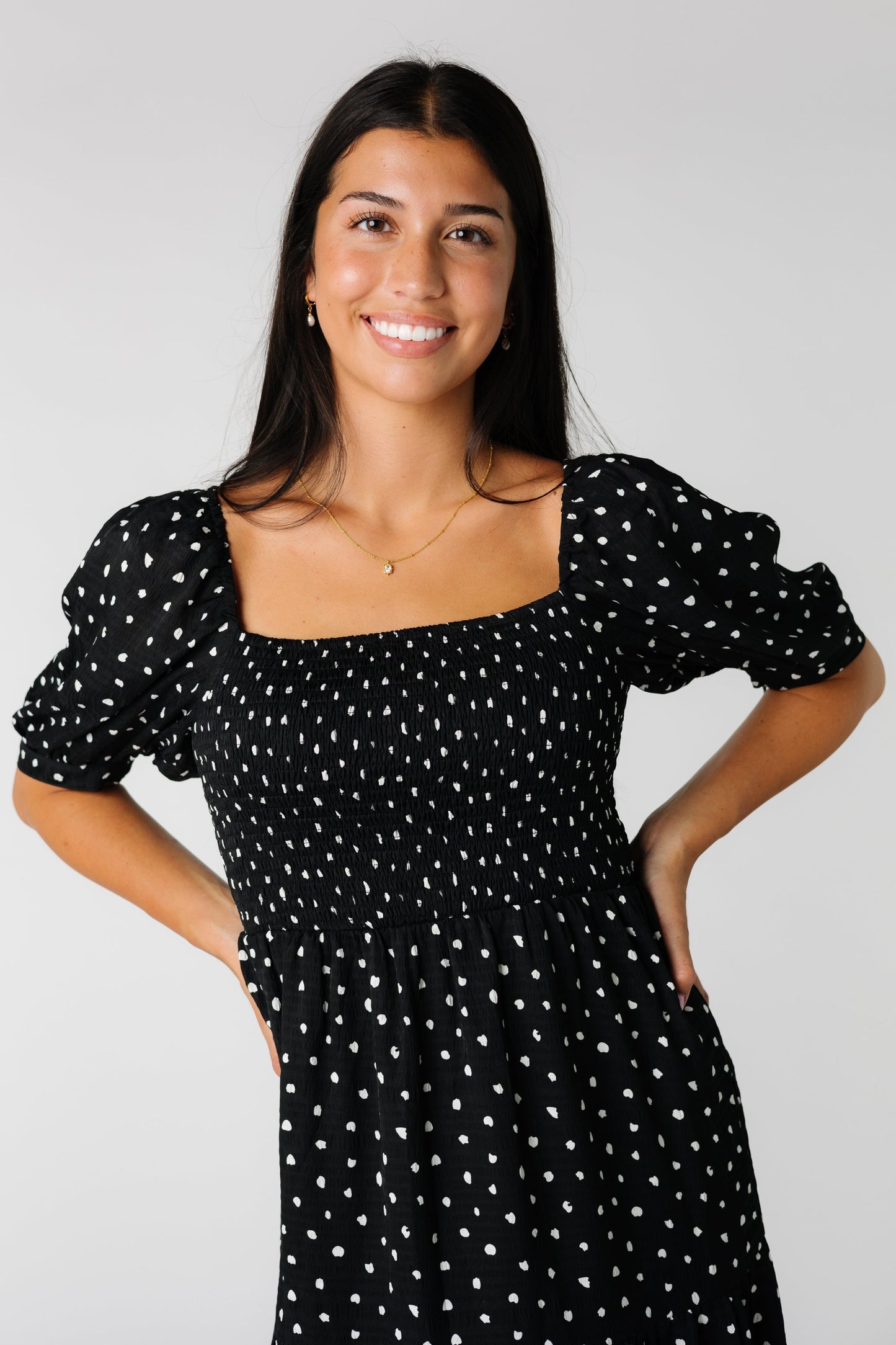 Modest black polka dot print Rowena dress