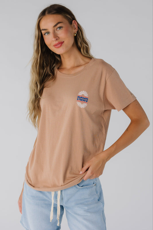 Tan Roxy graphic tee with small front graphic