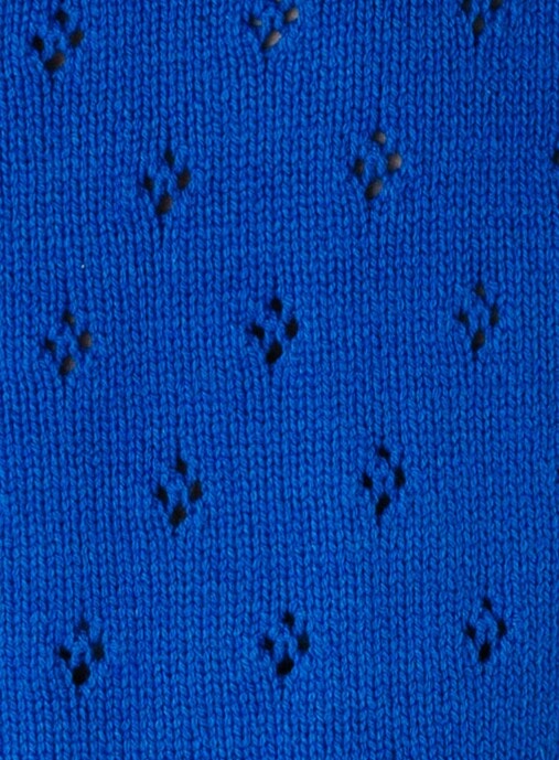 Royal blue eyelet knit fabric swatch.