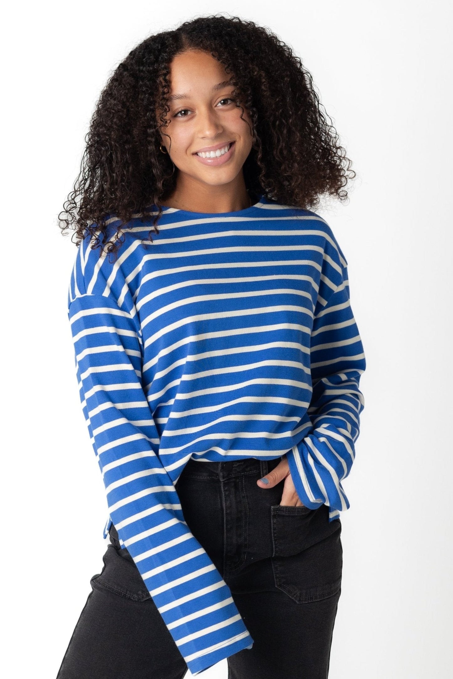 Blue and white stripe loose fitting long sleeve top