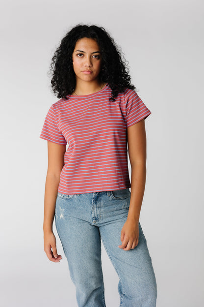 Modest rust striped short sleeve tee