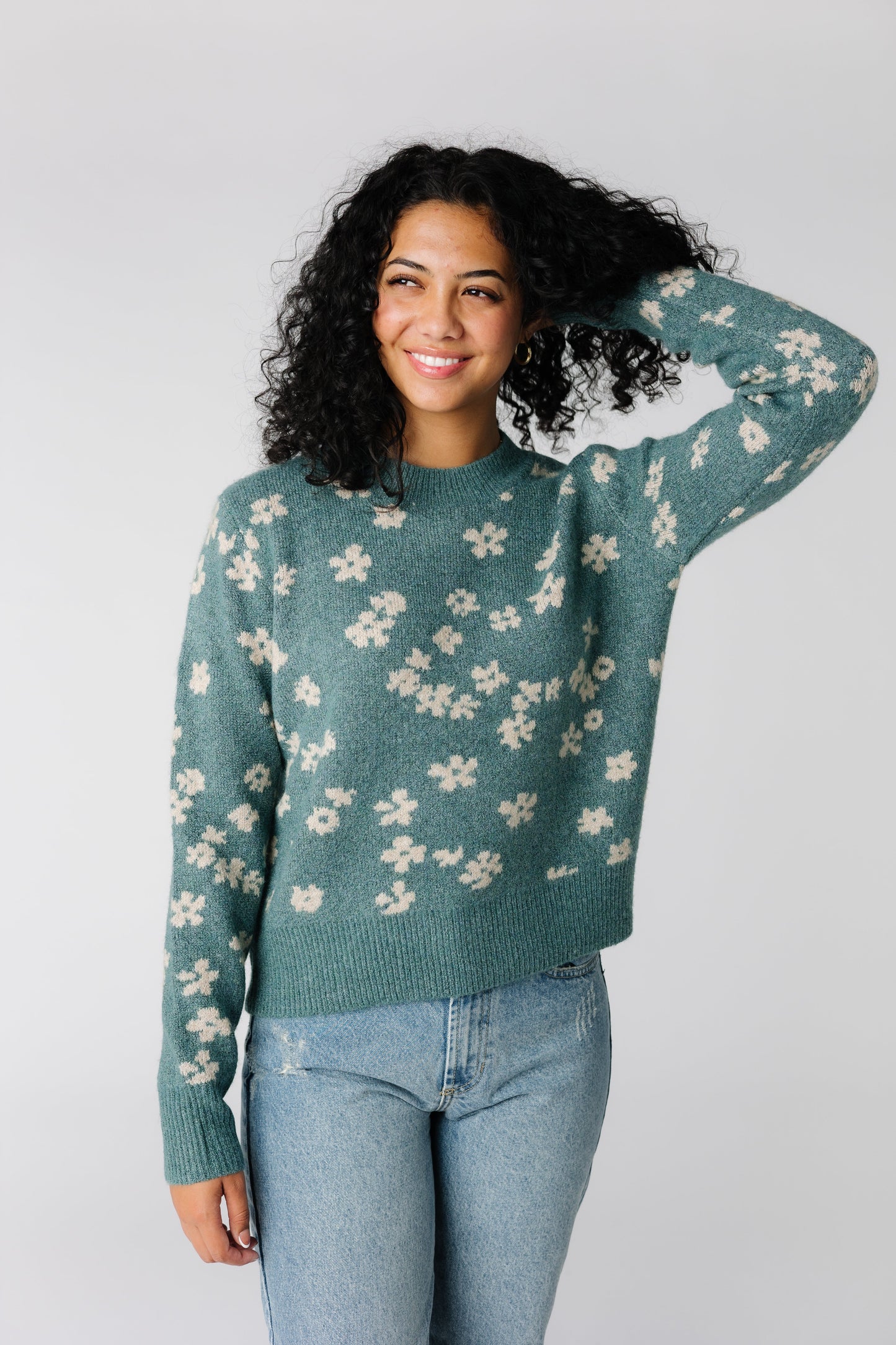 Sea green floral patterned sweater