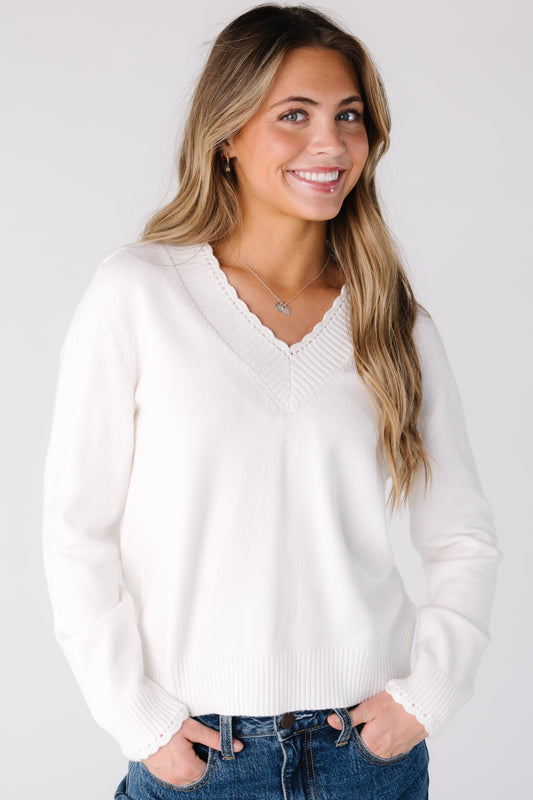 Scallop Edge V-Neck Sweater for women and teens in off white