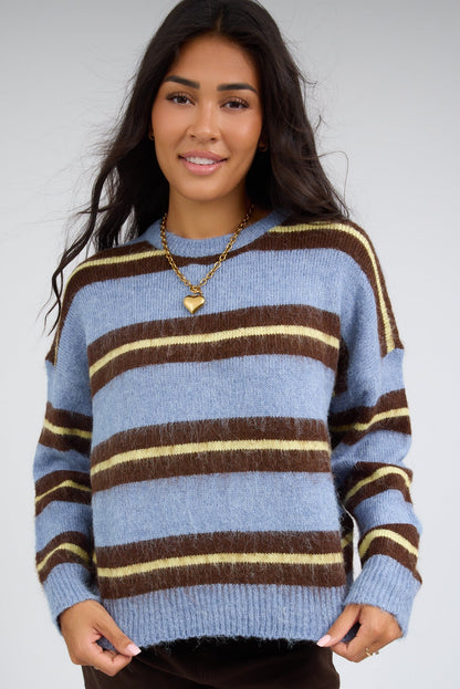 Young woman wearing a modest blue, brown & yellow stripe pullover sweater with long sleeves and ribbedcuffs & waist.