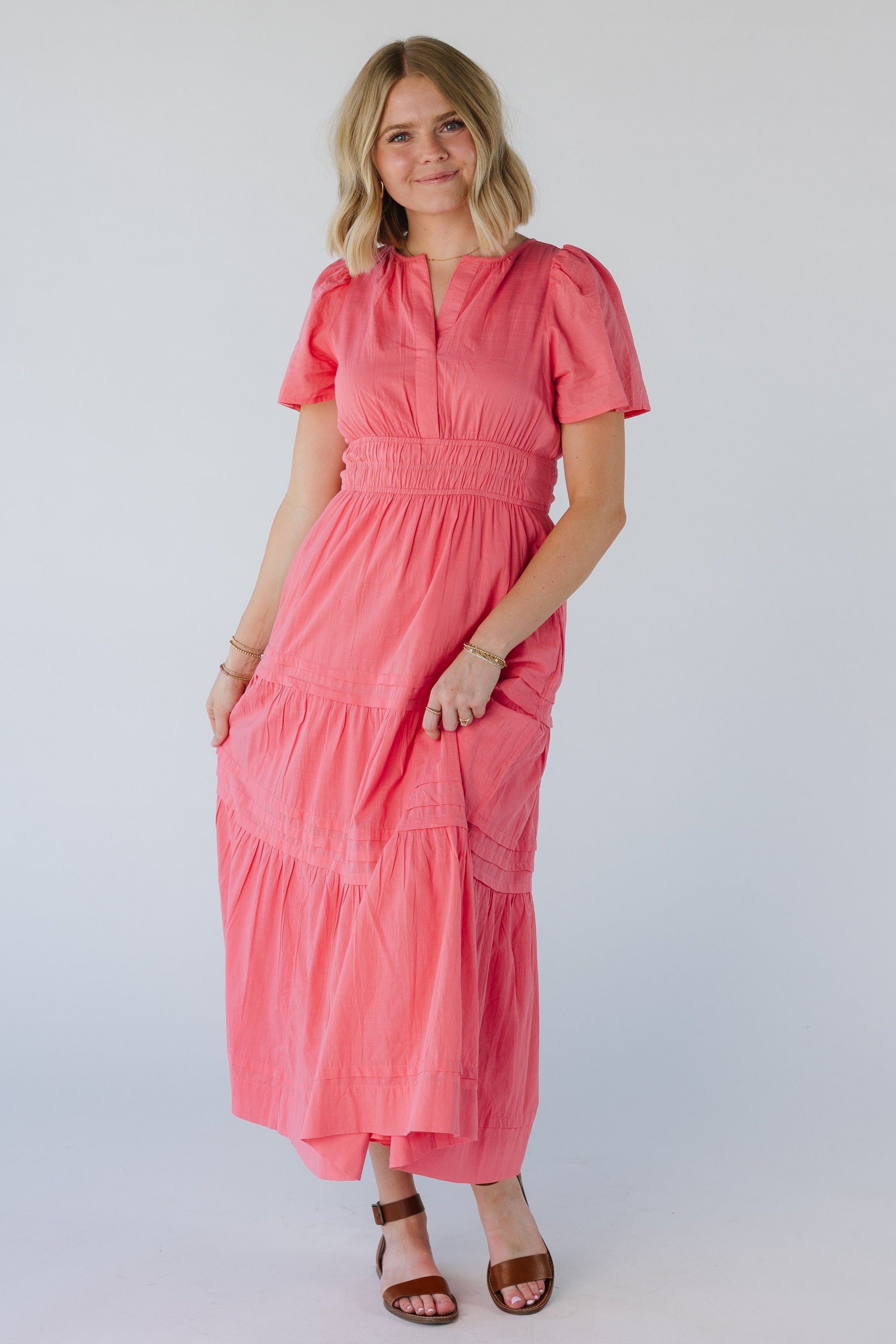 Modest pink midi maxi with V-neckline and short sleeves