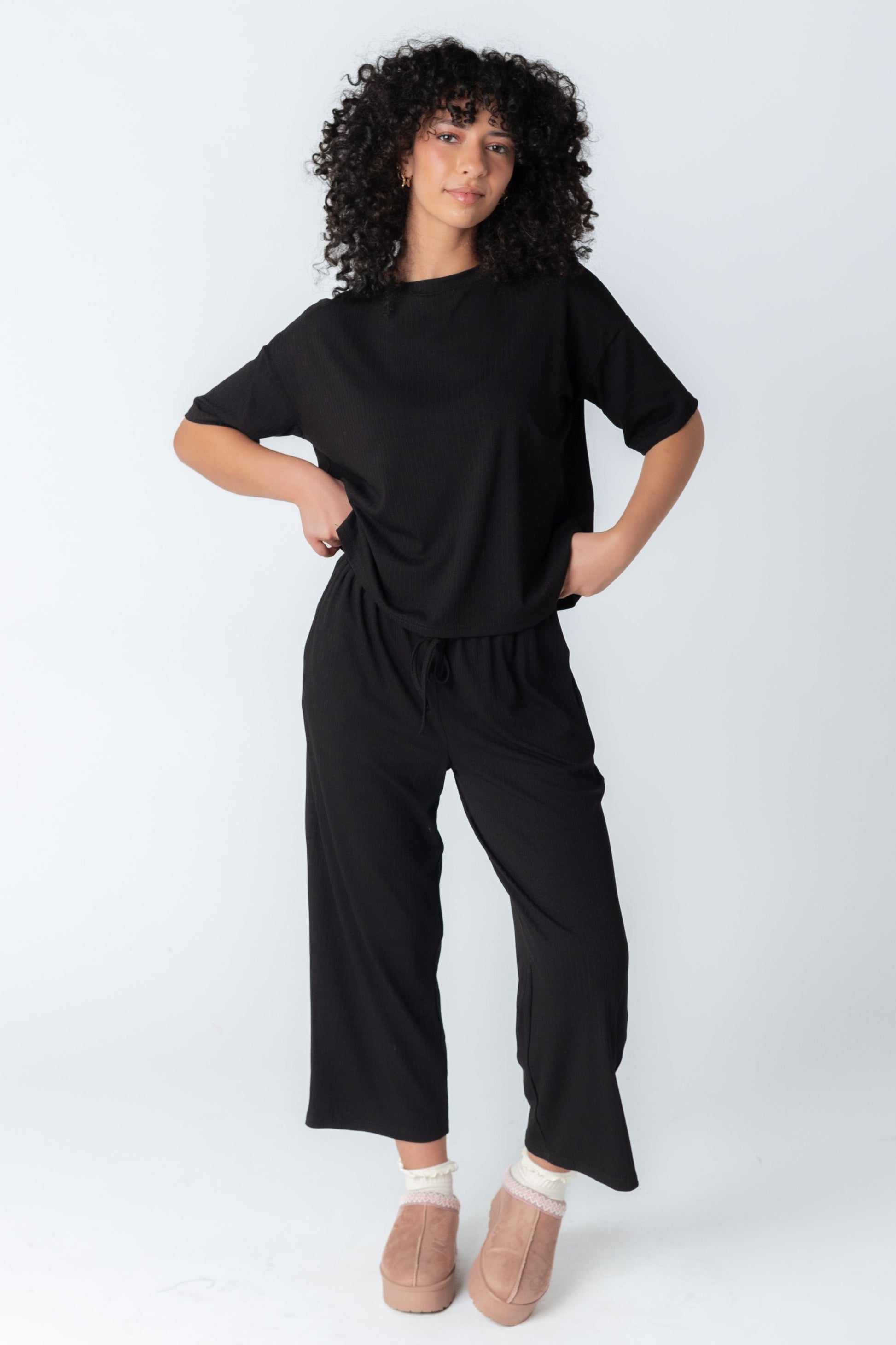 Black two piece lounge set with short sleeves