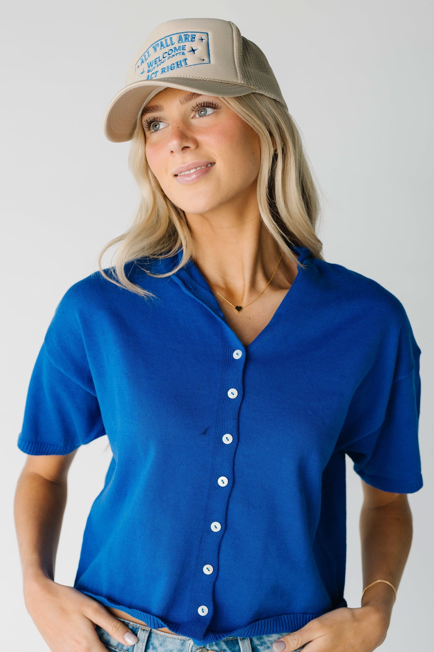 Button Down Knit Top WOMEN'S T-SHIRT Things Between Cobalt Blue S 