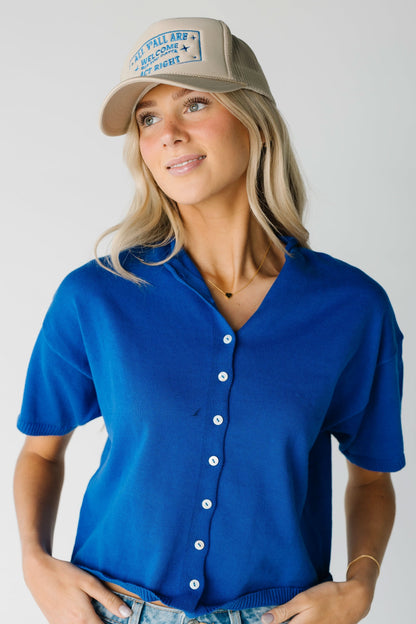 Button Down Knit Top WOMEN'S T-SHIRT Things Between Cobalt Blue S 