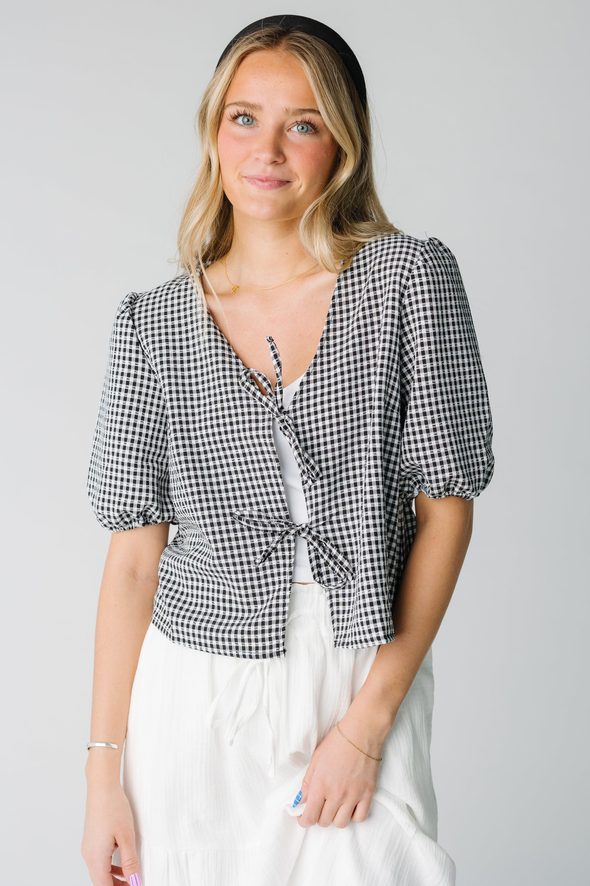 Lizzy Checkered Tie Top in black and white