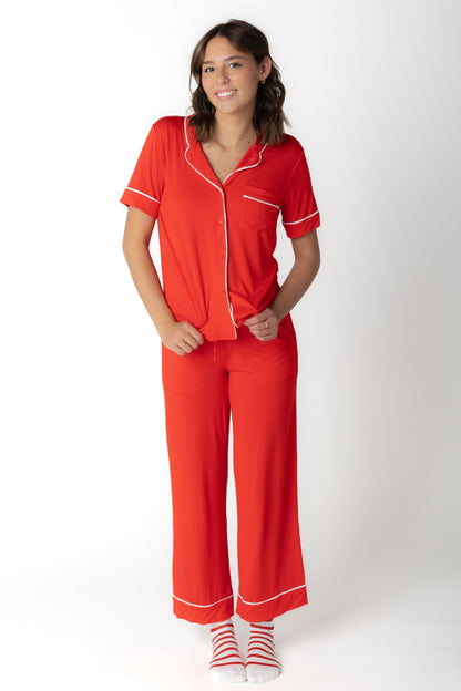 Red pajama with button down top with V-neckline