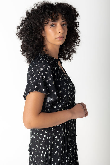 Modest Brass and Roe side view of short sleeve black print midi