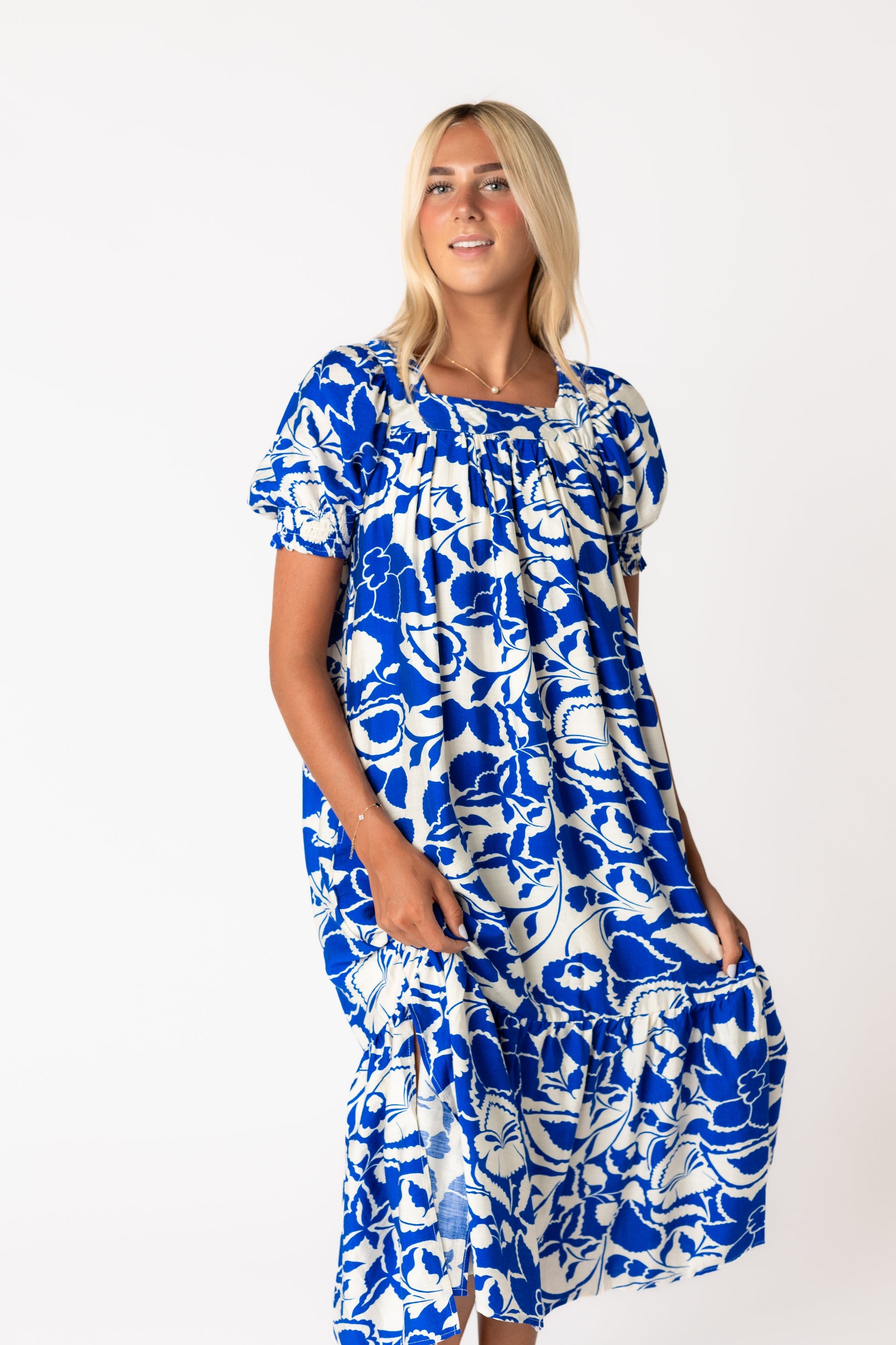 Bold royal and white print midi dress