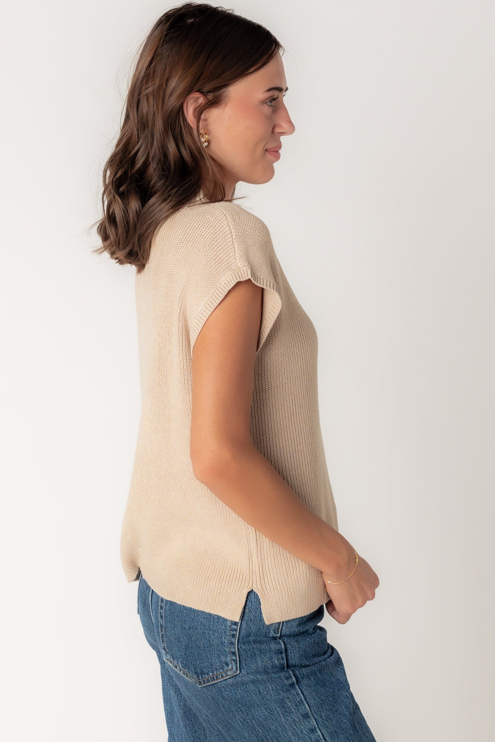 side view of Alexis short sleeve ribbed sweater