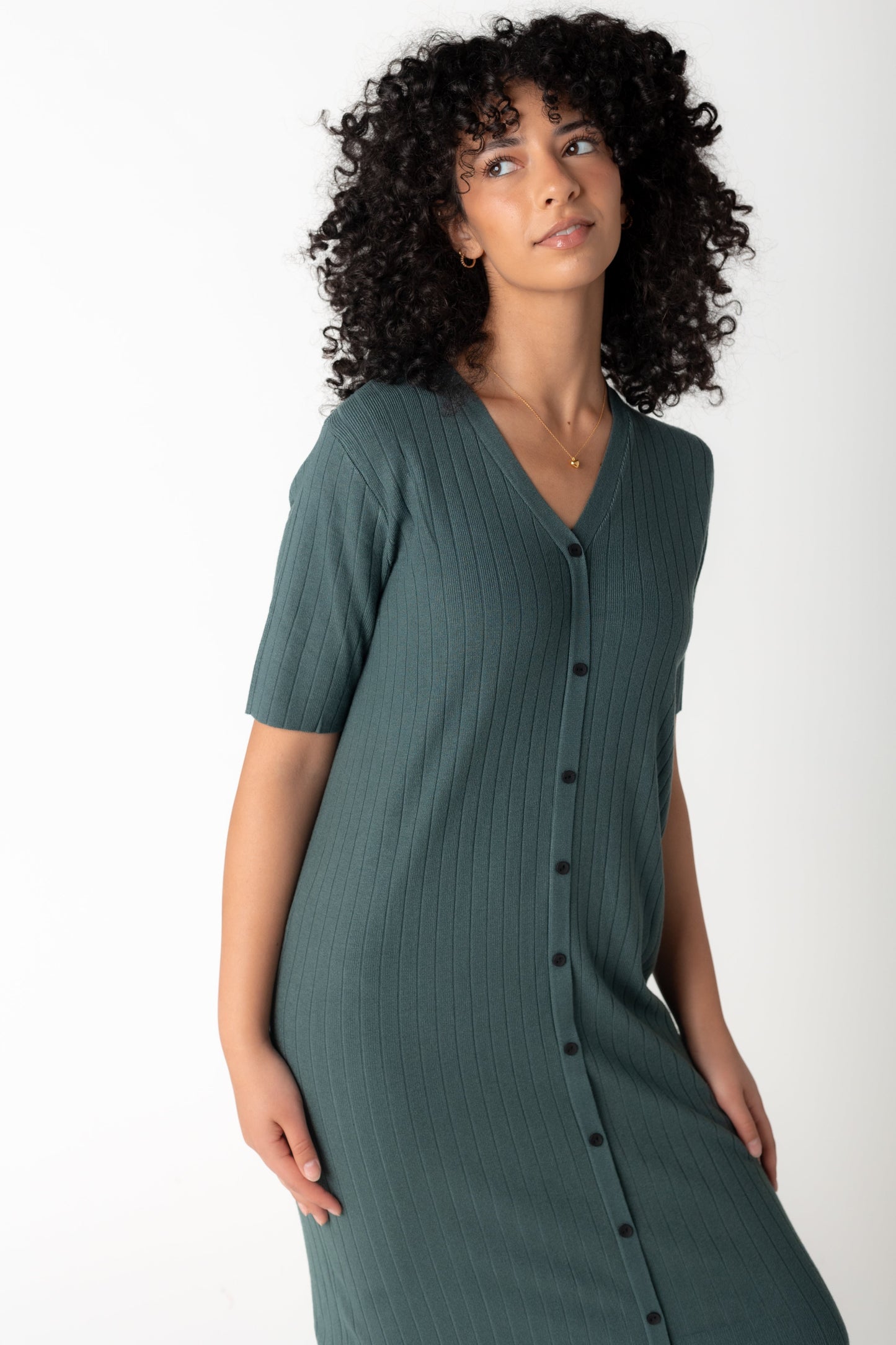 Modest short sleeve knit dress with V-neckline in dark sage