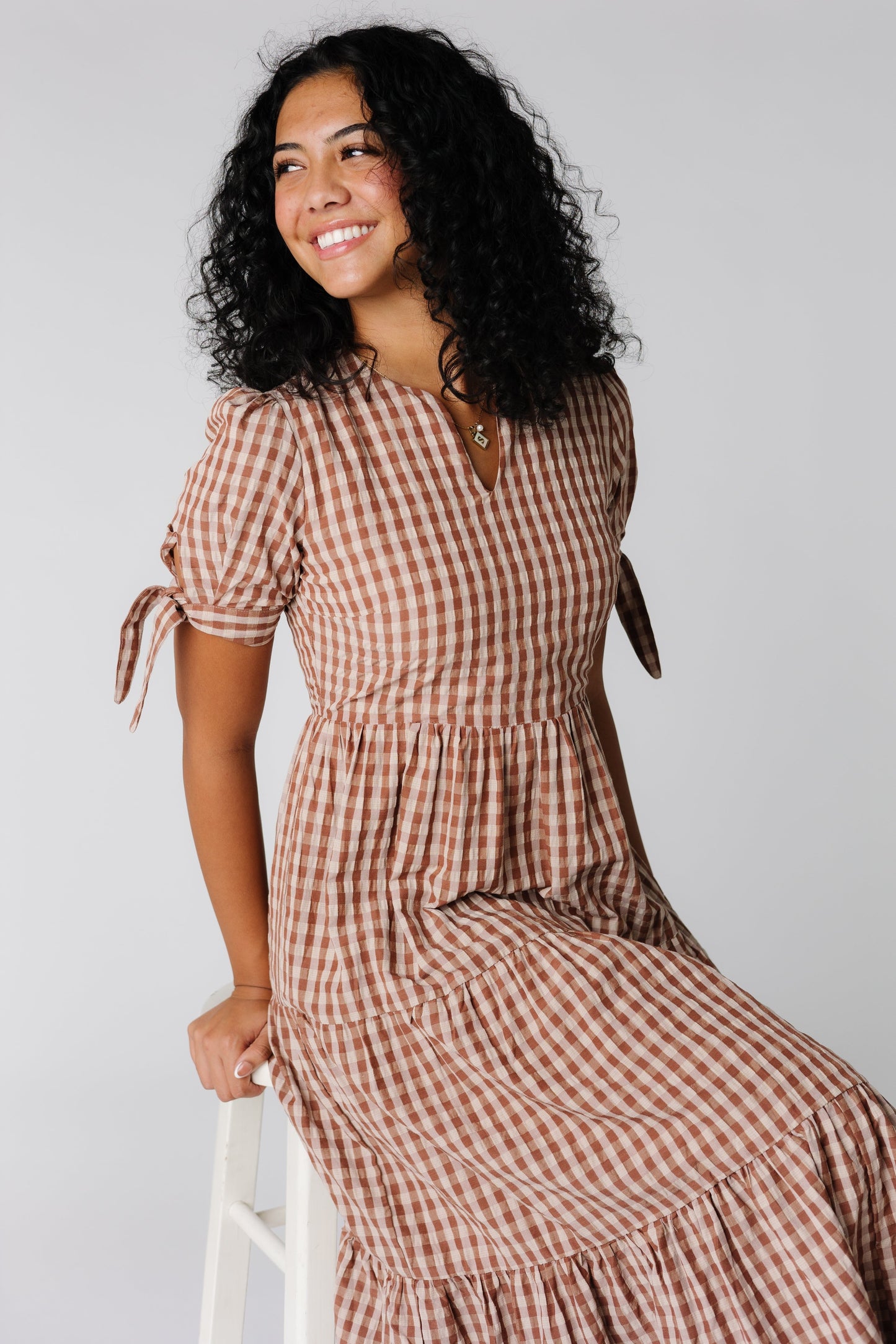 Gingham midi with notched neckline with short tie sleeves