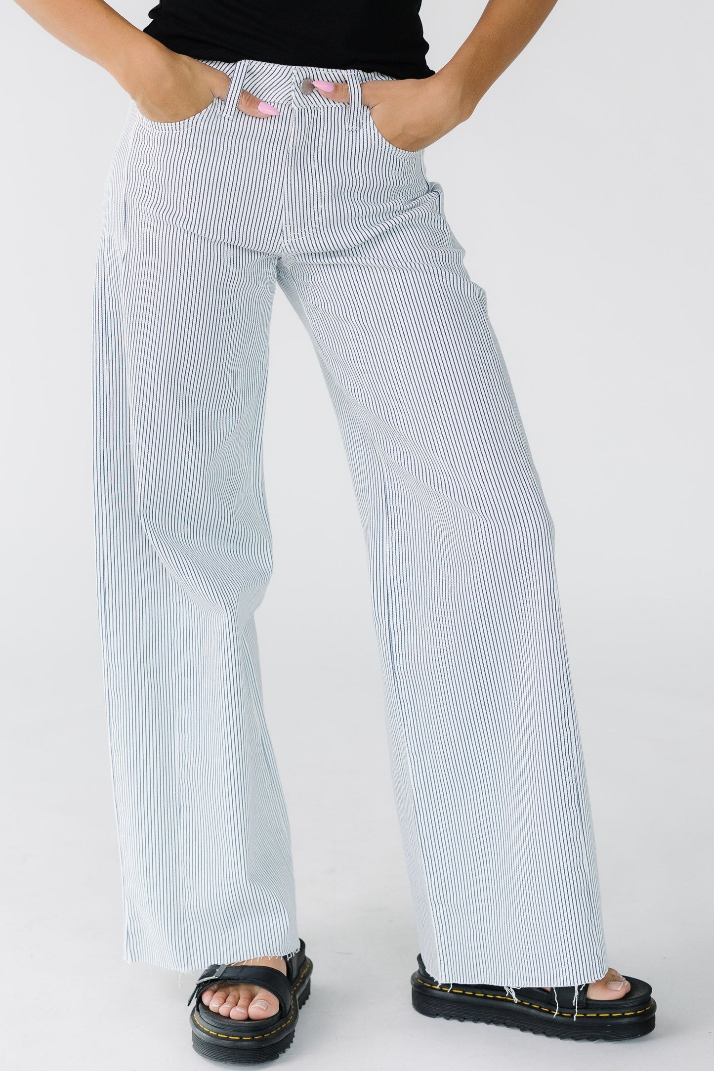 Stripe Wide Leg Denim in white with navy for women and teens.