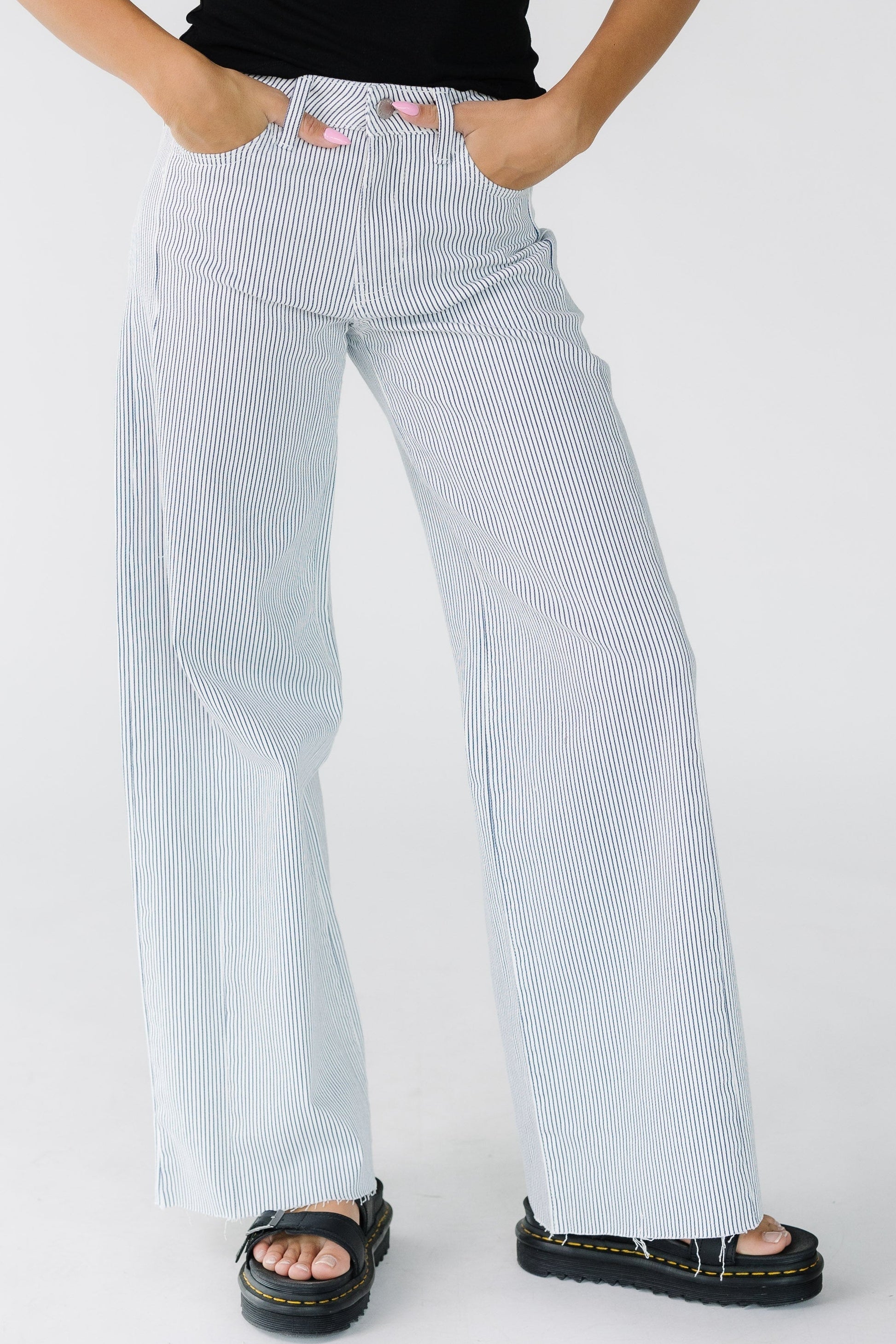 Stripe Wide Leg Denim in white with navy for women and teens.