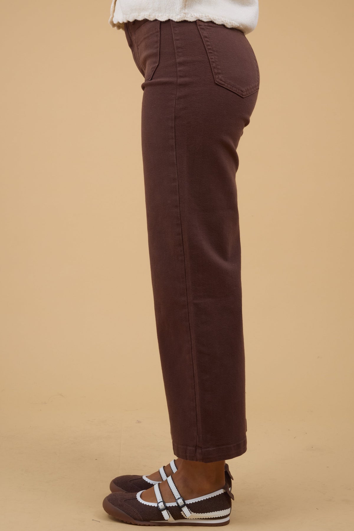 Date Time Pocket Wide Leg Denim in brown for women and teen girls.