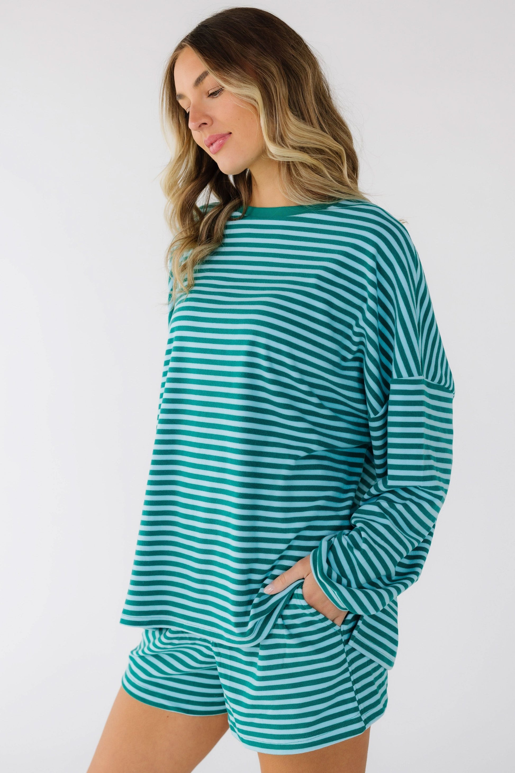 Cutie Everyday Shorts Set in green & blue stripe shorts set for women and teenage girls.