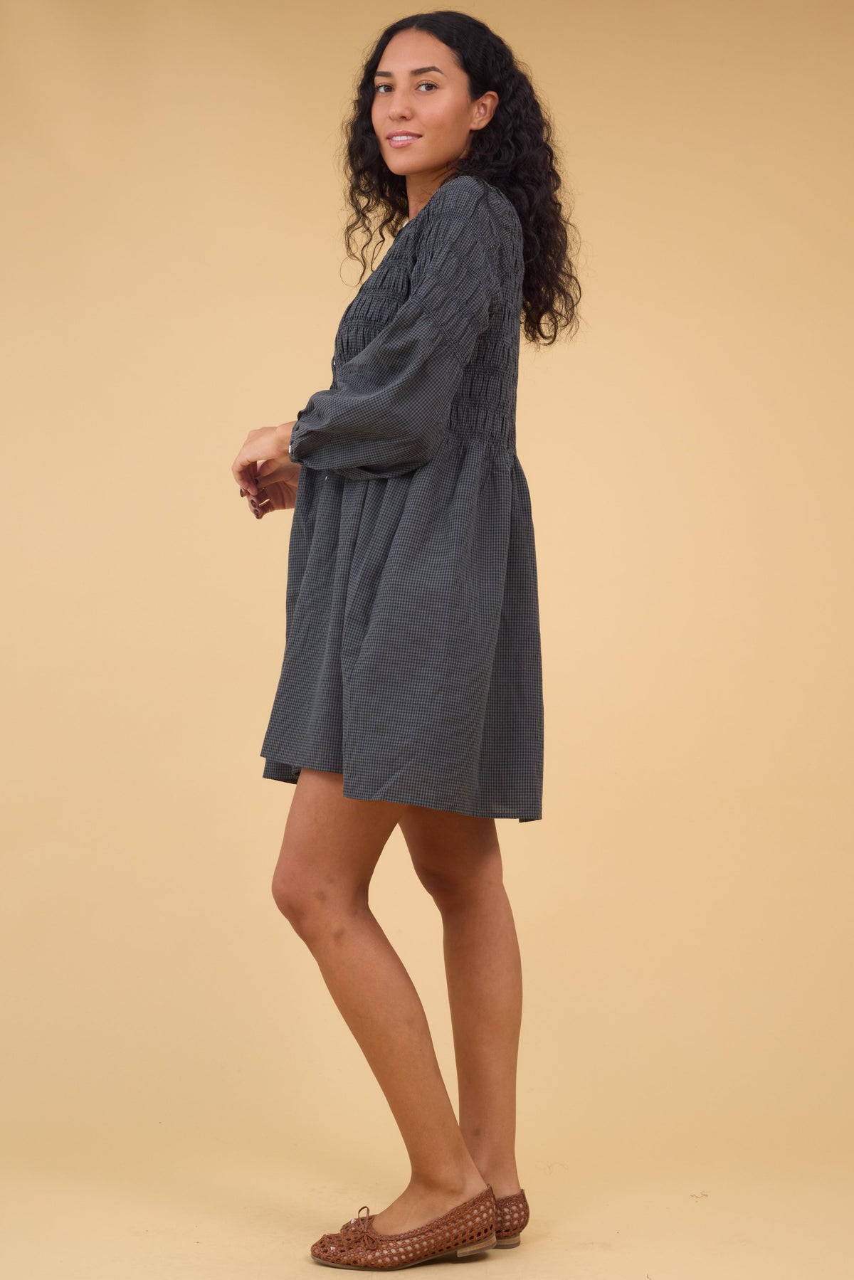 Brass & Roe Mia Smocked Dress in grey gingham for women and teen girls.