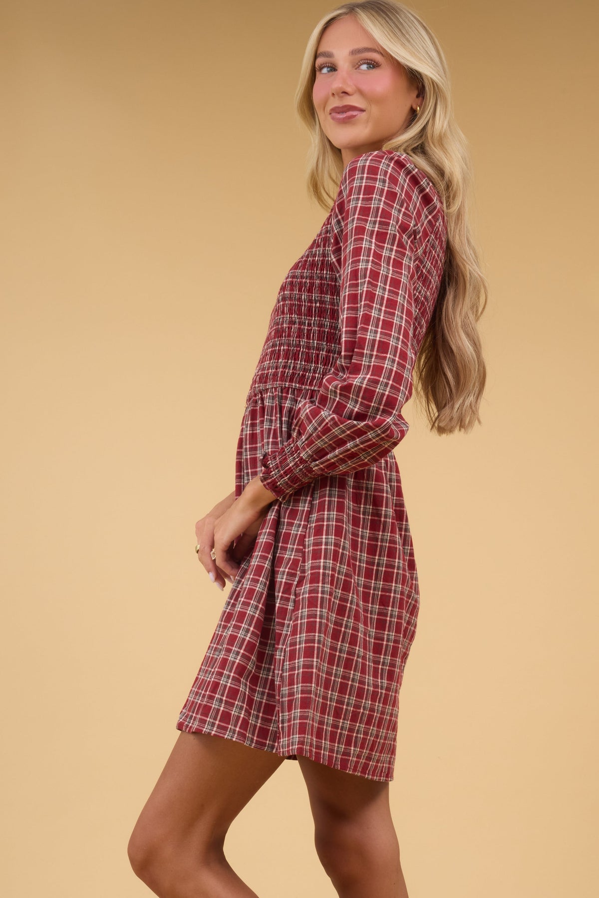 The Loft Smocked Dress in red plaid for women & teen girls.