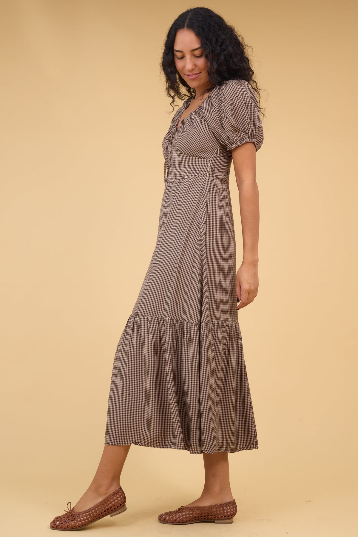 Citrus Alba Dress in brown gingham for women and teen girls.