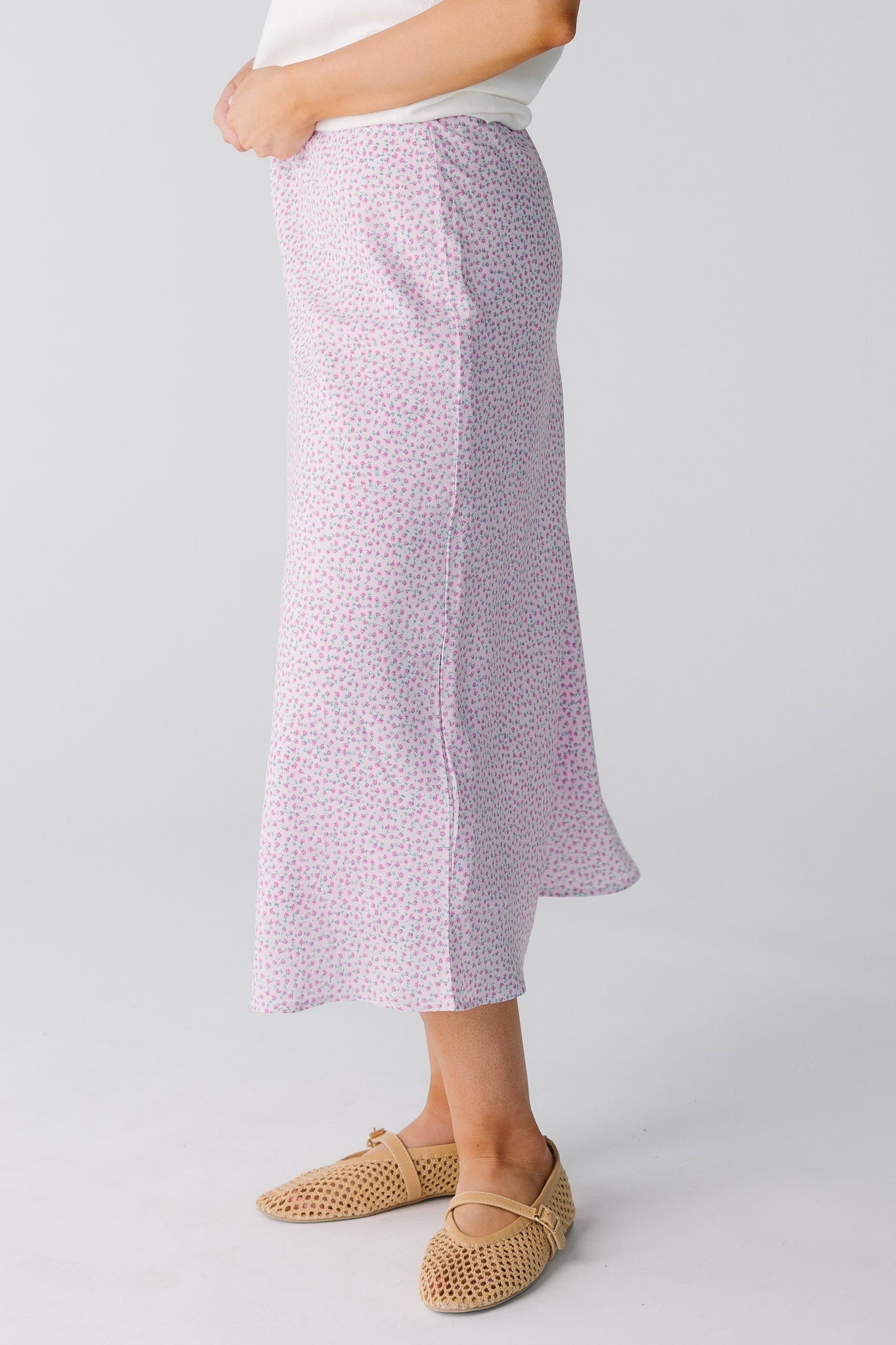 Pink floral midi skirt side view