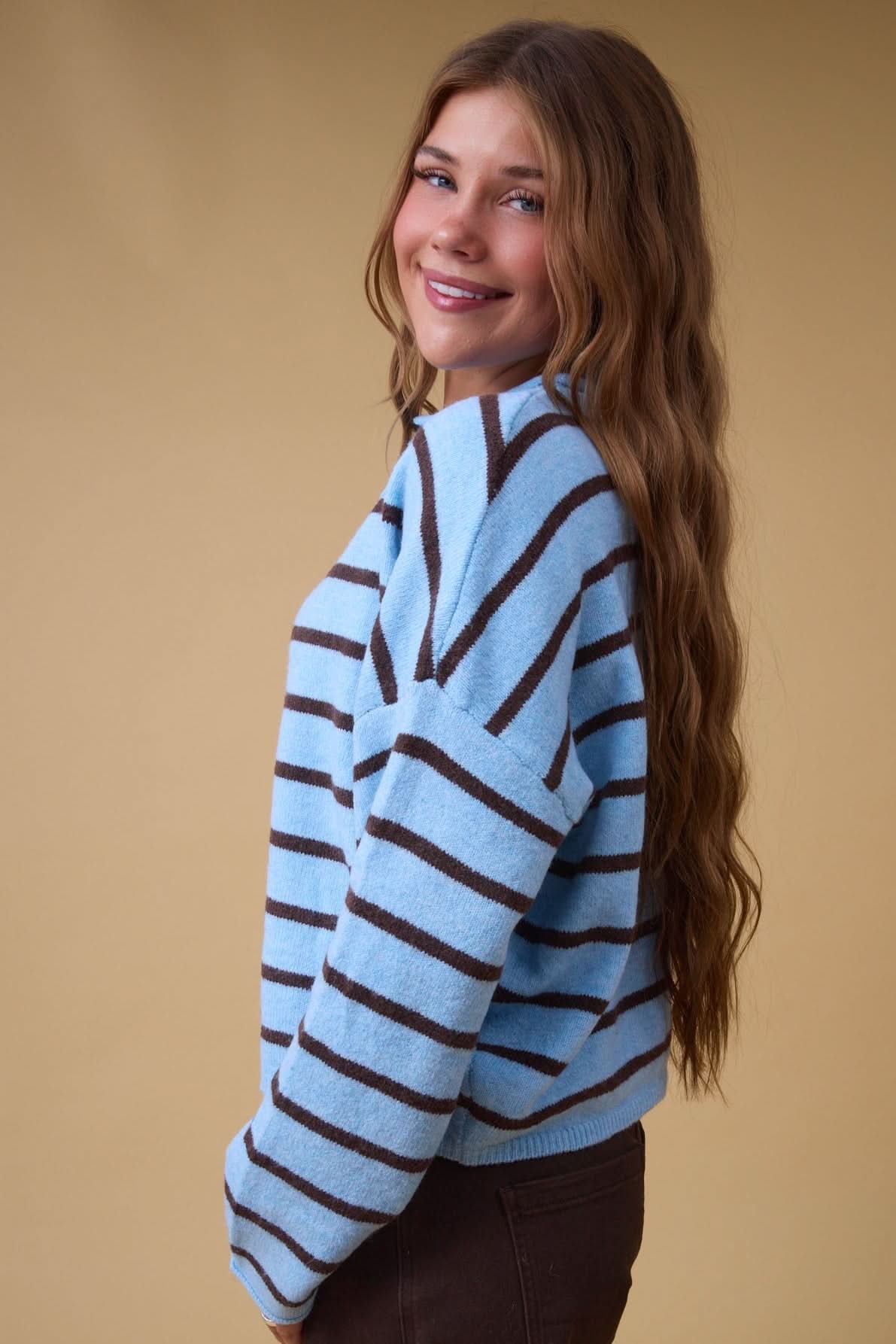 Bentley Striped Cardigan in light blue & brown stripe for women and teenage girls.
