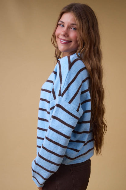 Bentley Striped Cardigan in light blue & brown stripe for women and teenage girls.