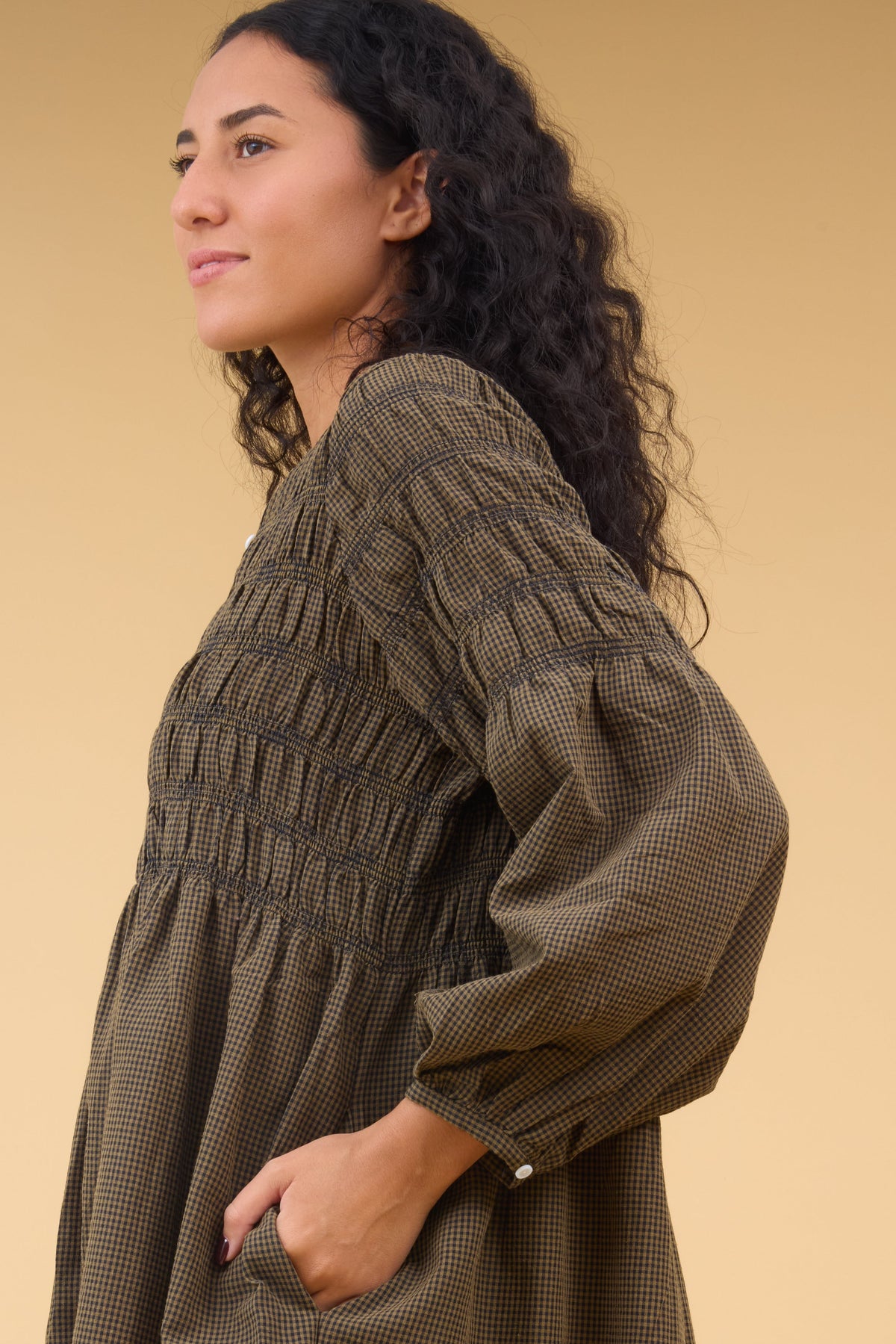 Close view of a woan wearing a brown & black gingham dress with spaced smocking stripe and long sleeves.