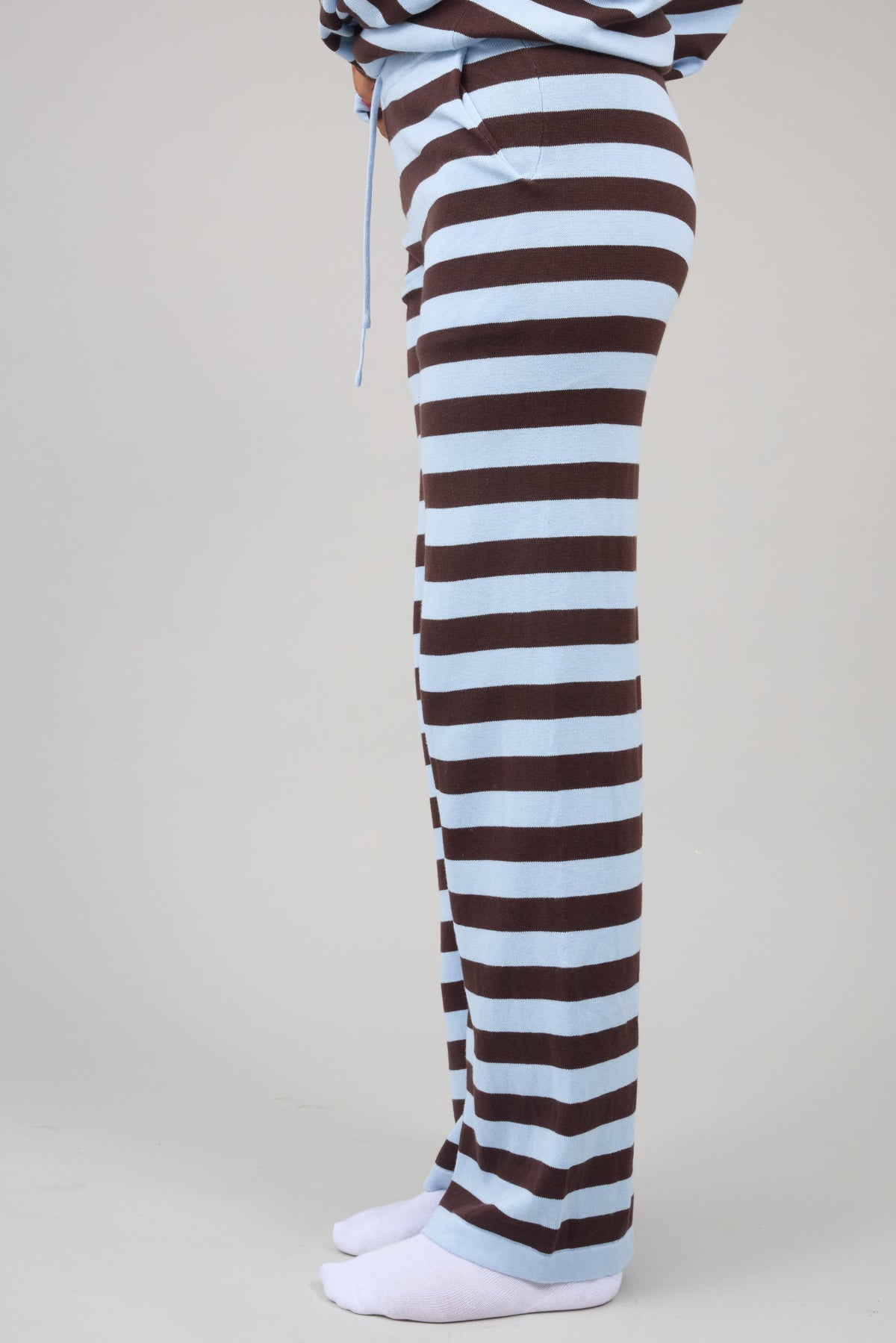 Drawstring Stripe Knit Pants in light blue and brown stripe for women and teen girls.