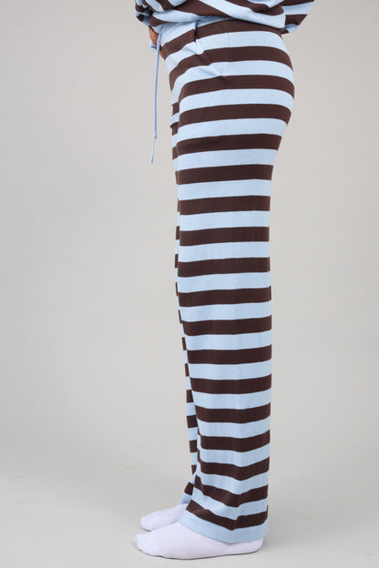 Drawstring Stripe Knit Pants in light blue and brown stripe for women and teen girls.