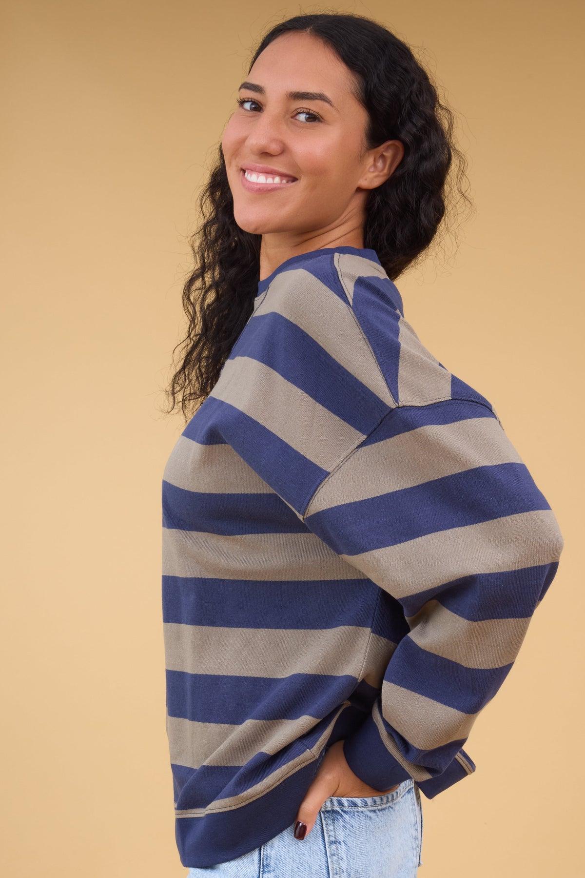 Brass & Roe Oversized Wide Stripe Top in taupe & navy for women and teen girls.