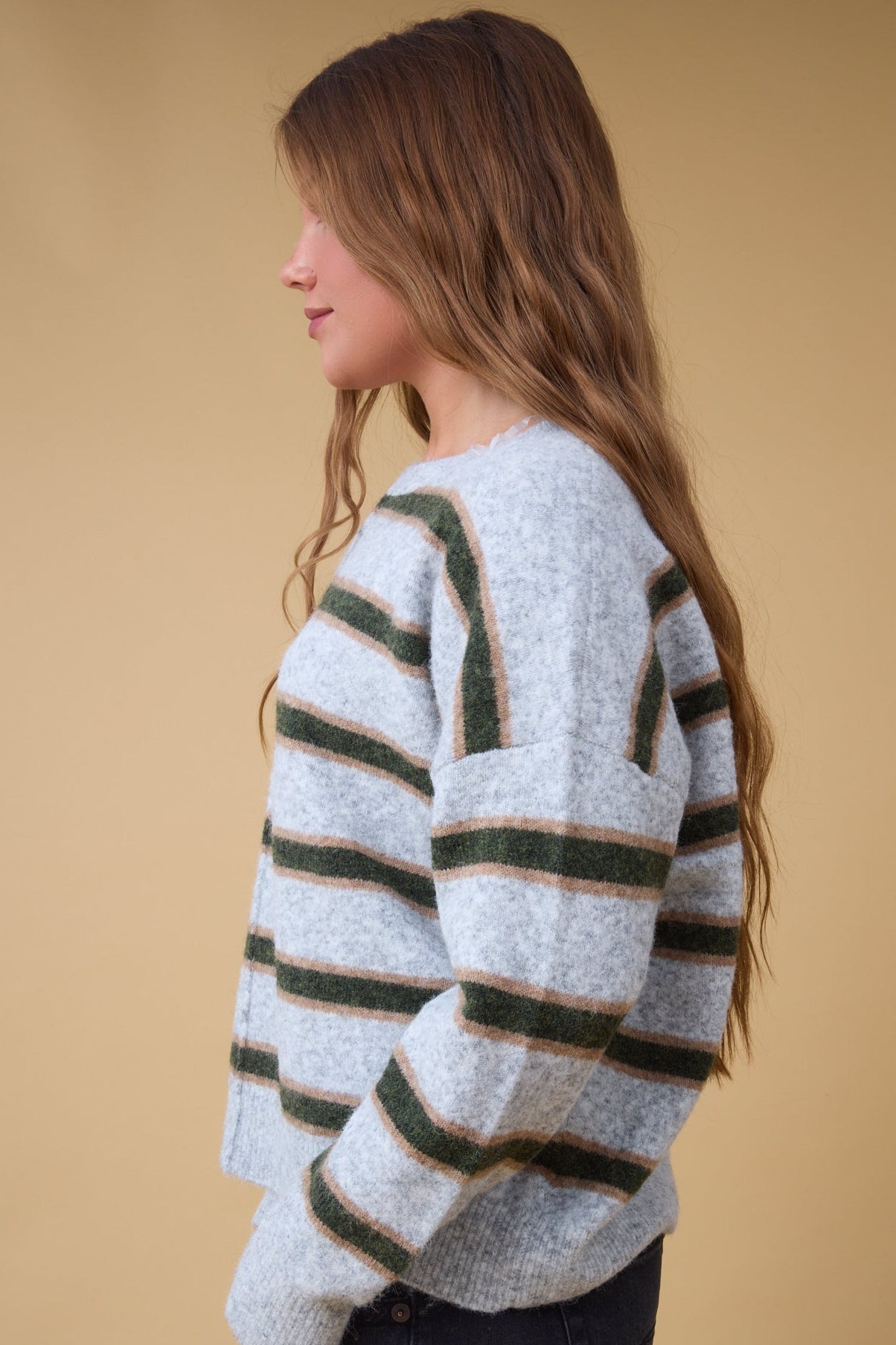 Paige Center Seam Sweaterin grey, green & gold stripe for women and teenage girls.