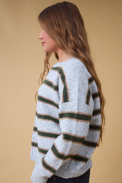 Paige Center Seam Sweaterin grey, green & gold stripe for women and teenage girls.