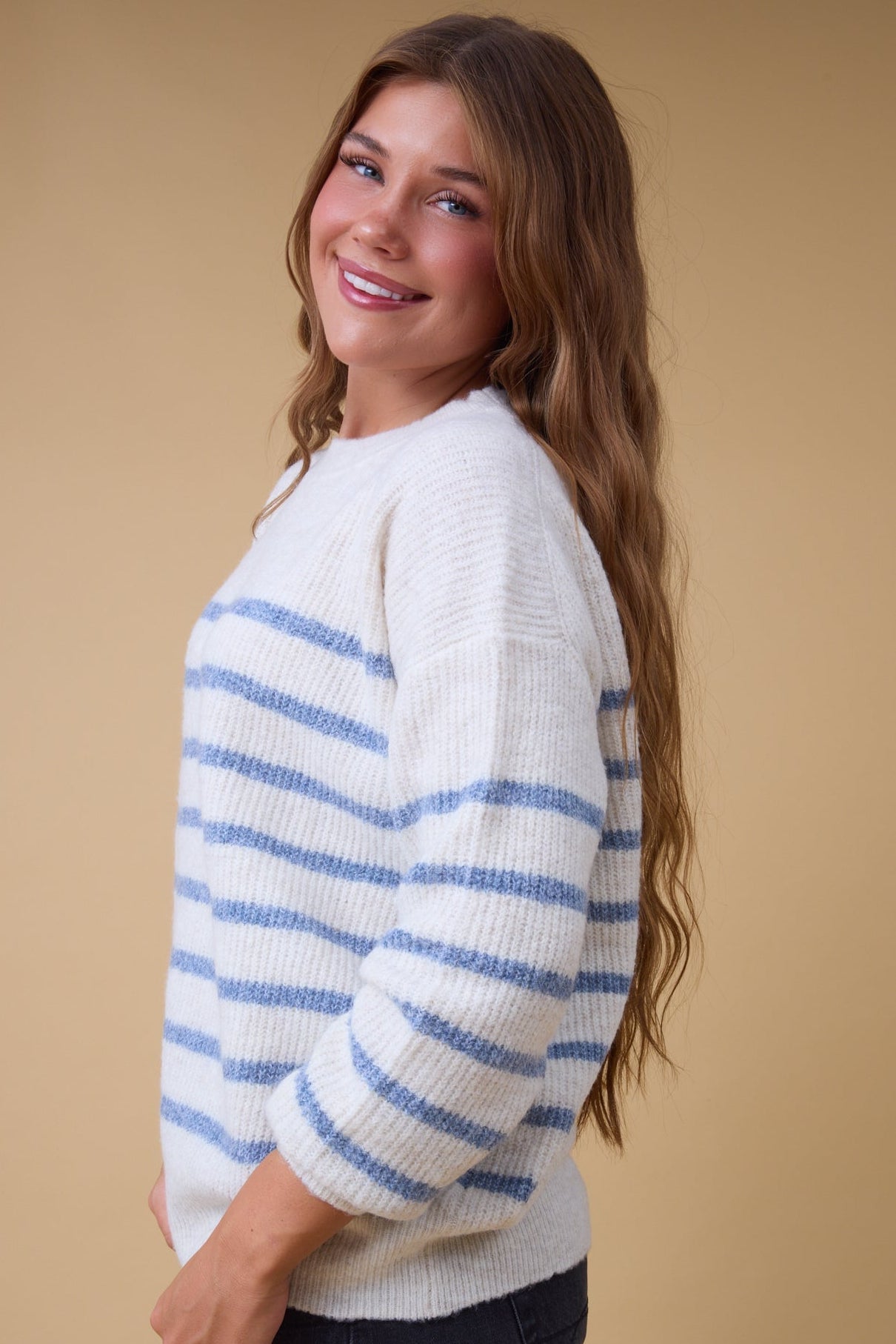 Beatrice Ribbed Pullover Sweater in oatmeal & blue stripe for women and teen girls.