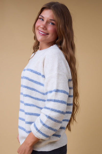 Beatrice Ribbed Pullover Sweater in oatmeal & blue stripe for women and teen girls.