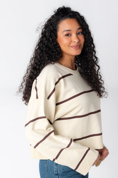 Wide leg sweater in cream with narrow brown stripes