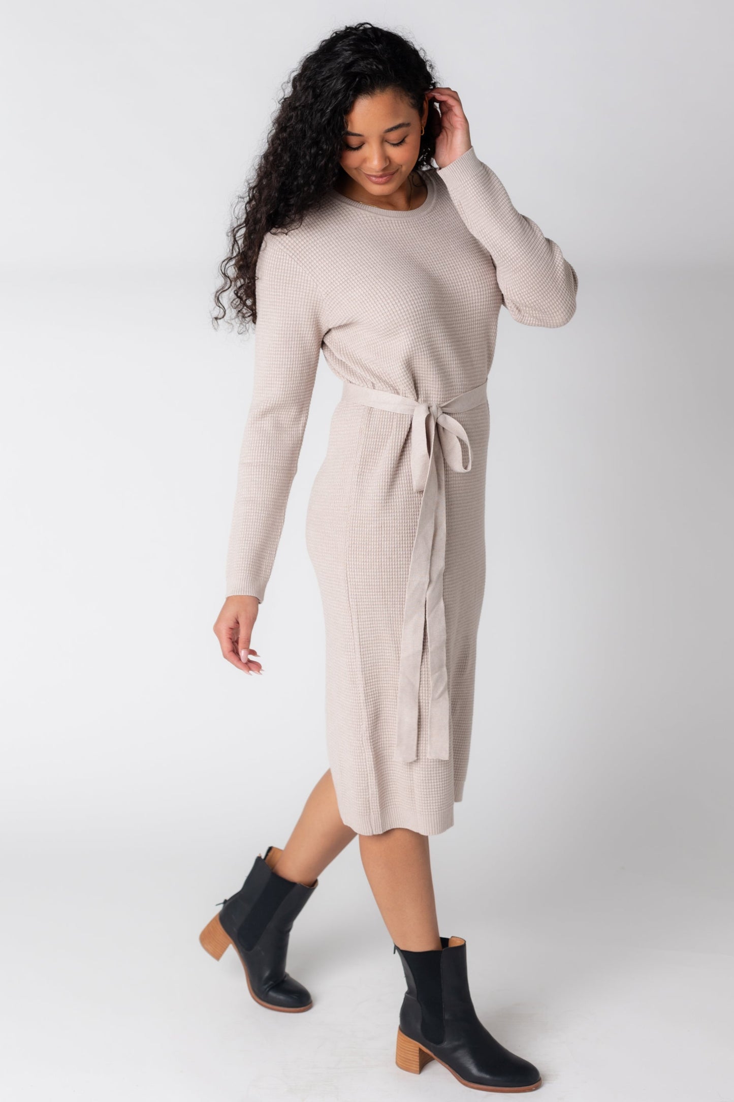 Soft waffle textured midi dress with round neckline and long sleeves