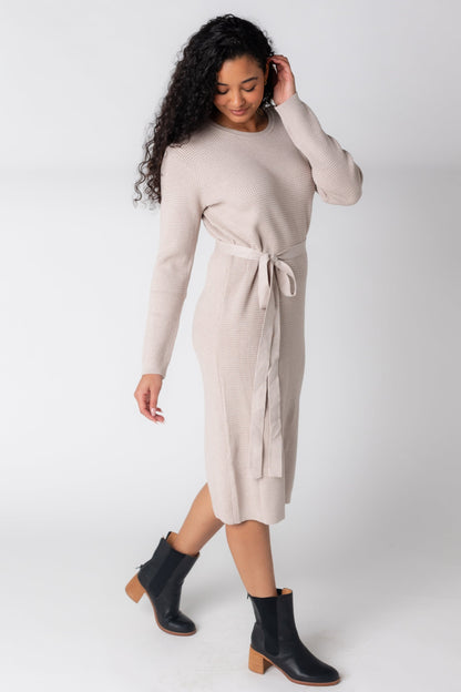 Soft waffle textured midi dress with round neckline and long sleeves