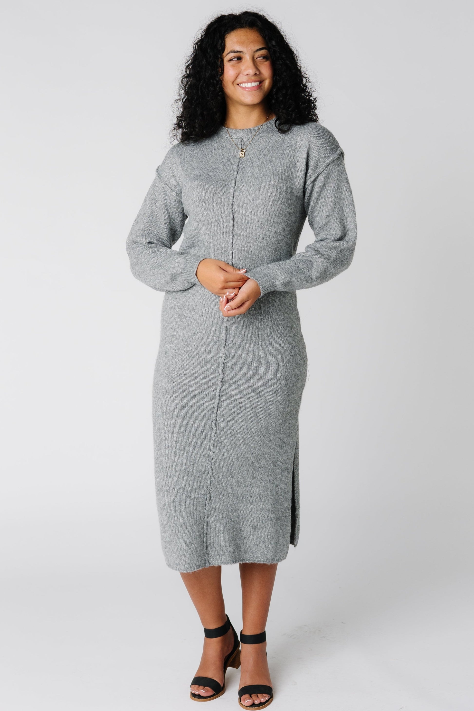 Grey midi sweater dress with long sleeves